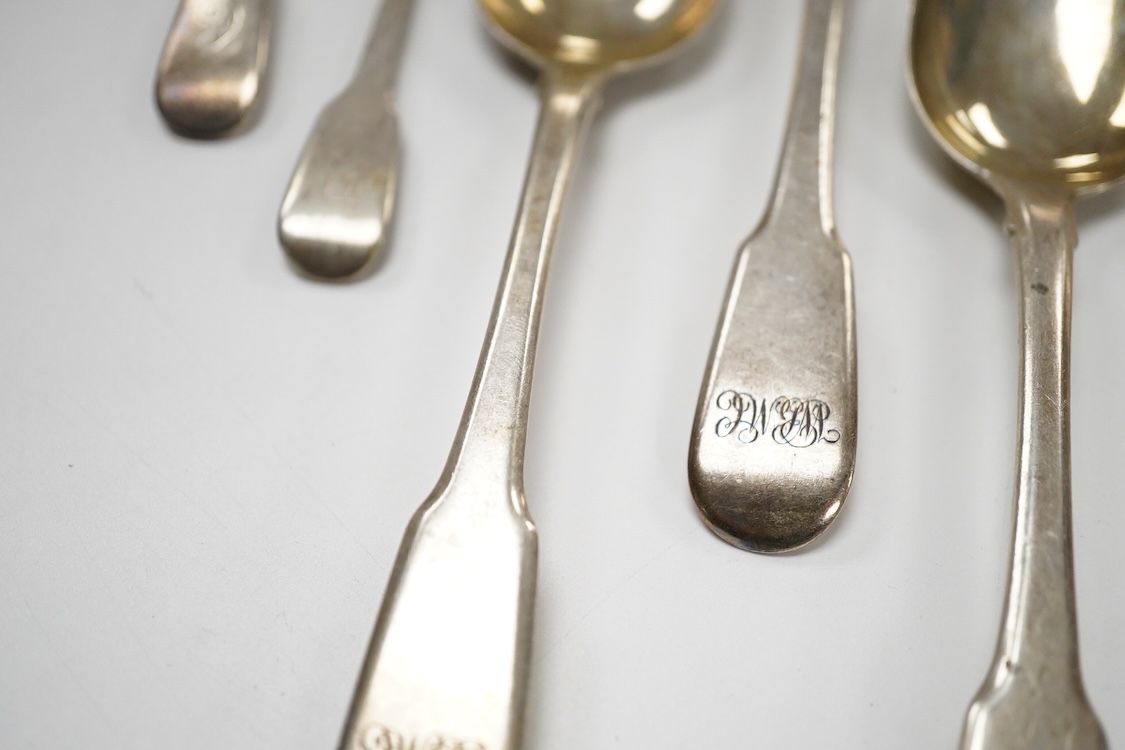 A set of six George III silver fiddle pattern dessert spoons by Ely, Fearn & Chawner, London 1808, togeter with two silver condiment spoons and a pair of Victorian silver fiddle pattern sauce ladles, Hayne & Cater, Londo